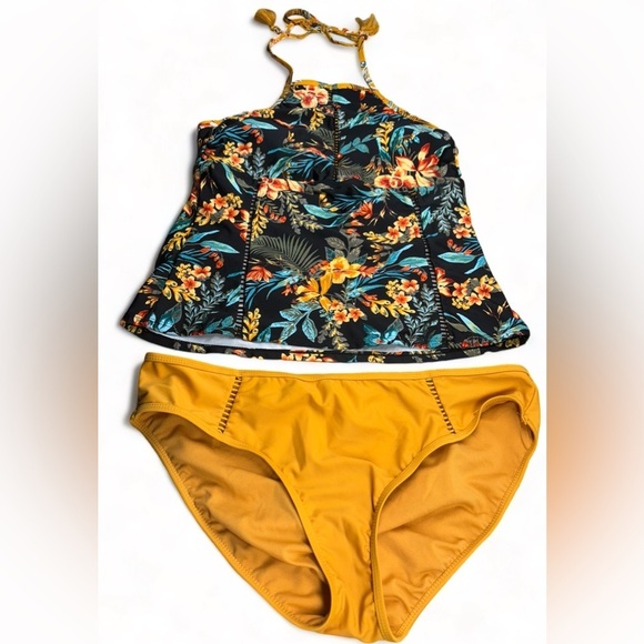 TANKINI W BLACK FLORAL PRINT TOP AND MUSTARD YELLOW BOTTOM TASSELS CUT OUTS - Picture 2 of 5